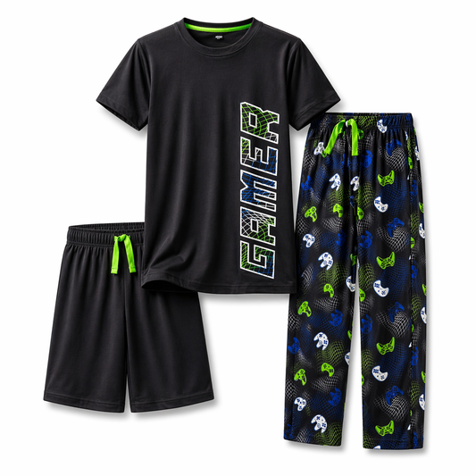 Boys Pajamas  Black Gamer, 3-Pc Set