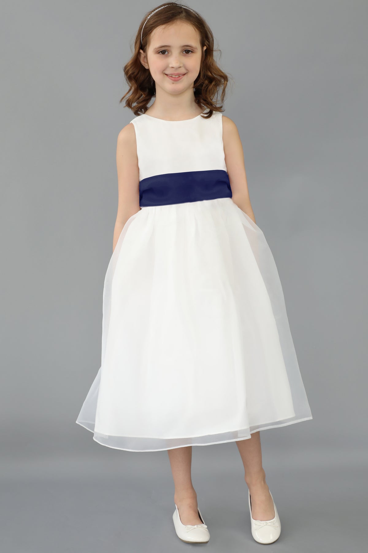 White flower girl dress with navy sash outlet