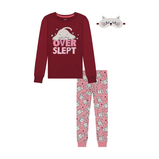Girls Snug Fit Pajama Set, with Eye Mask, Sleepy Cat